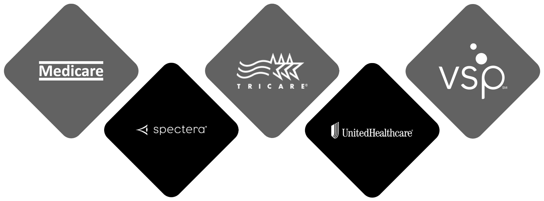 Medicare, Spectera, Tricare, United Health Care, VSP Insurance Logos - See Breeze Optometry Medicare, Spectera, Tricare, United Health Care, VSP Insurance Logos - See Breeze Optometry